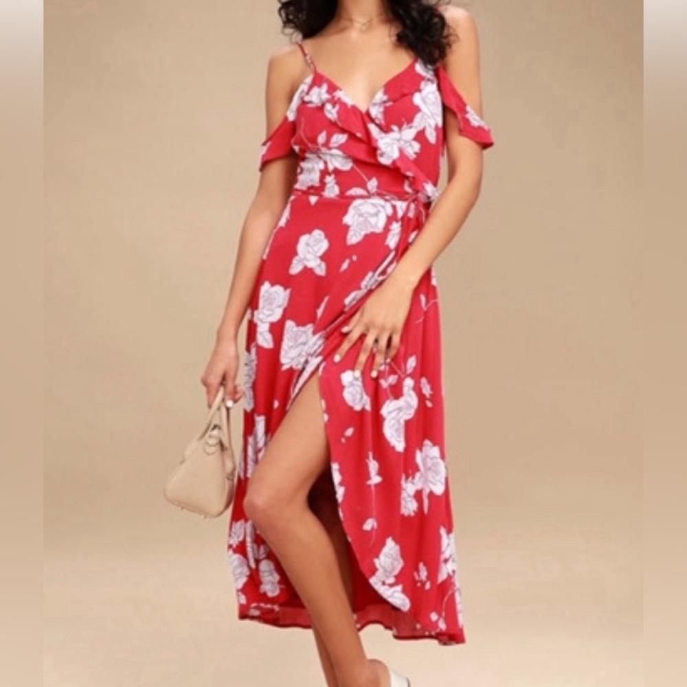 Lulus Bouquet Blooms Red Floral Print Off-the-Shoulder Wrap Dress Ruffle Medium